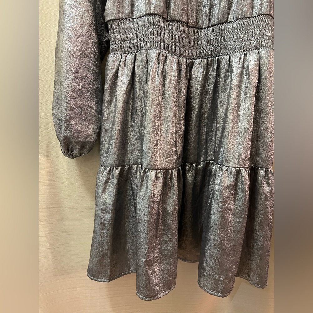 GAP Shiny Silver Long Sleeve Tie-Neck Dress size large Party Holiday Merallic - Picture 3 of 9